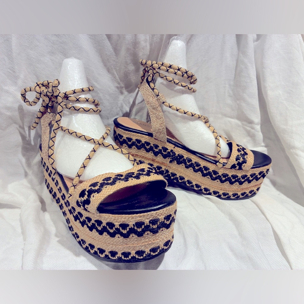 Black and Tan Hemp Platform Sandals, Open Toe, Ankle Wrap Straps, sz 5.5